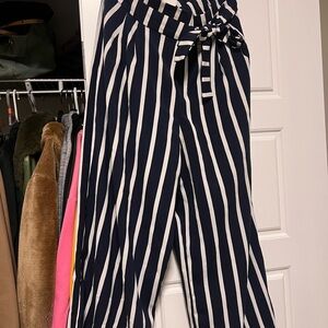 Zara Navy and White Vertical-Striped Wide-Leg Pants